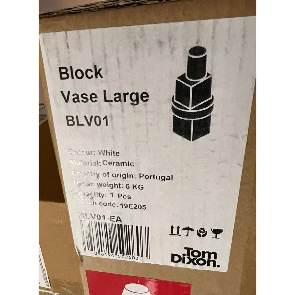 TOM DIXON Large White Block Vase – Sculptural Ceramic – 22” – Brand New in Box